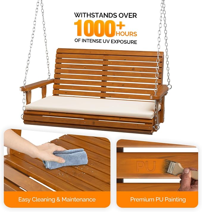 VINGLI Wooden Porch Swing, Heavy Duty 880 LBS Hanging Patio Bench - Image 2