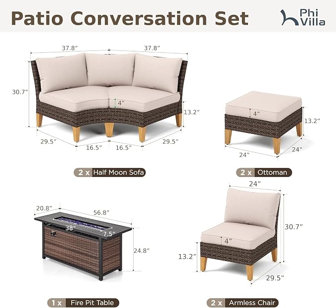PHI VILLA 7-Piece Half Moon Patio Furniture Set - Image 2