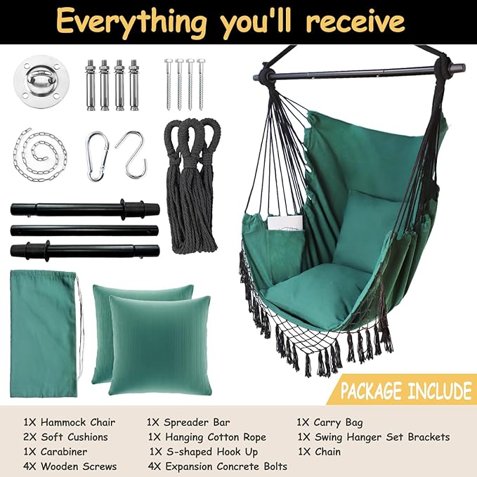 Hammock Chair Hanging Rope Swing Chair, Max 450 Lbs, Large Hanging Chair - Image 3