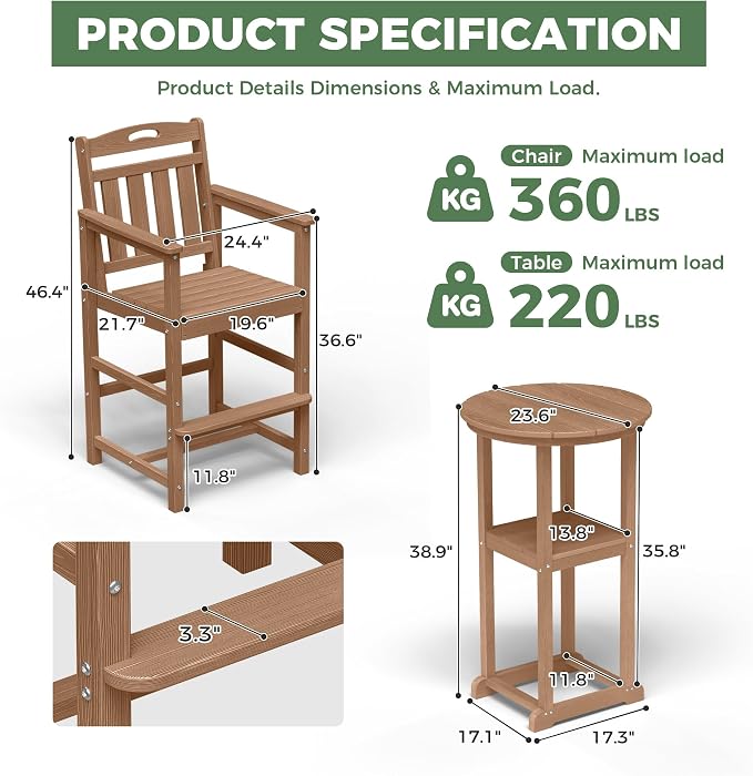 Outdoor Bistro Bar Set, Patio High Top Table and Bar Height Tall Adirondack - Image 4