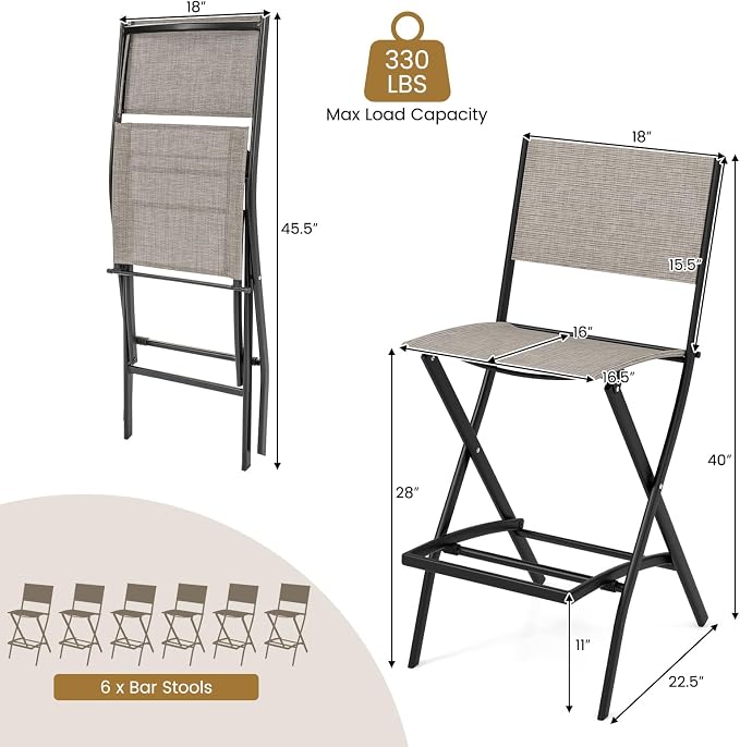 COSTWAY Outdoor Patio Bar Chair Set of 6, Folding Bar Height Stool - Image 8