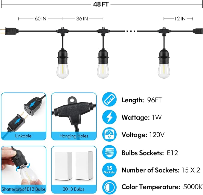 Lakumu 2-Pack 96FT Outdoor String Lights - Image 6