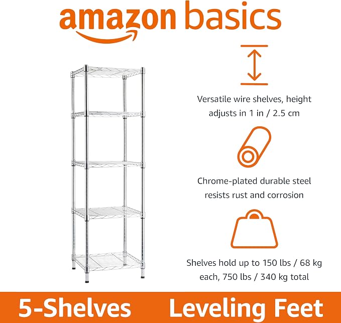 Amazon Basics 5-Shelf Tower Adjustable Storage Shelving Unit, 150 lbs Per Shelf - Image 4