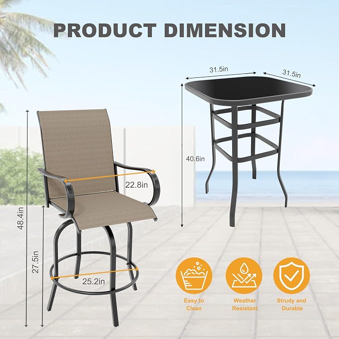 3 PCS Patio Swivel Bar Stools Set, 3 Piece Swivel Outdoor Table and Chairs Bar - Image 2