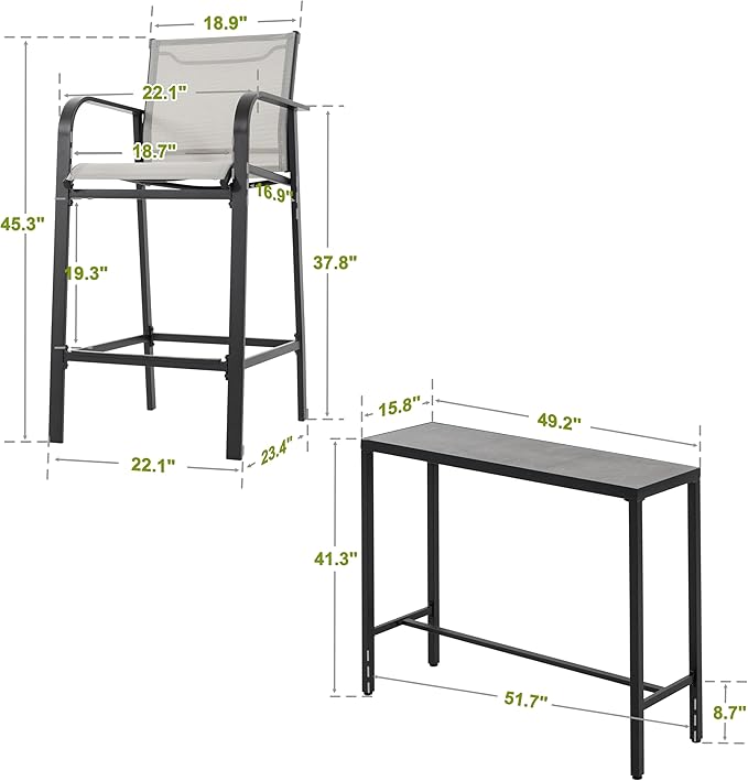 NUU GARDEN 3-Piece Outdoor Bar Set, Patio Bar Table and 2 Textilene High Bar - Image 6
