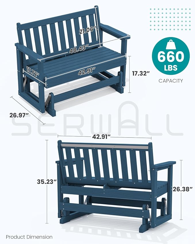 SERWALL Outdoor Glider Bench Set of 4, HDPE Weather-Resistant Swinging Bench - Image 2