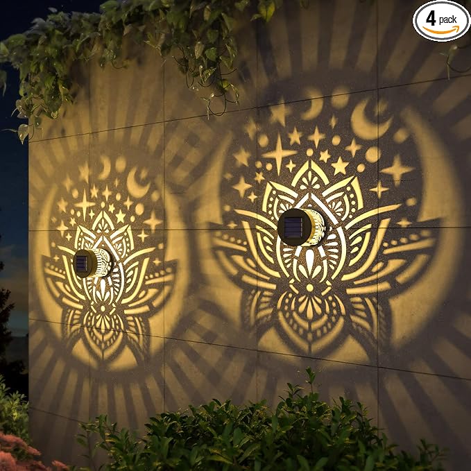 4 Pack Solar Fence Lights Metal Solar Powered Outdoor Wall Deck Lights Lotus by gardencave