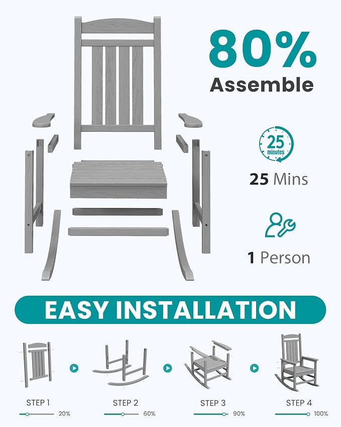 SERWALL HDPE Outdoor Rocking Chair Set of 4, Oversized Patio Rocking Chairs - Image 8