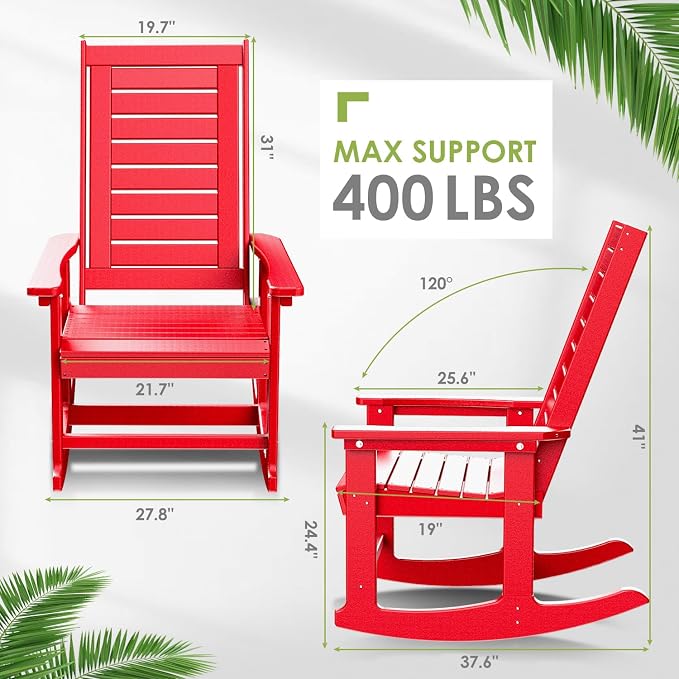 GREENVINES Outdoor Rocking Chairs | Porch Rocker | HDPE Plastic | Red | - Image 3