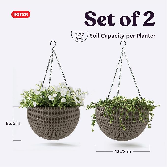 Keter Resin Rattan Set of 2 Round Hanging Planter Baskets - Image 3
