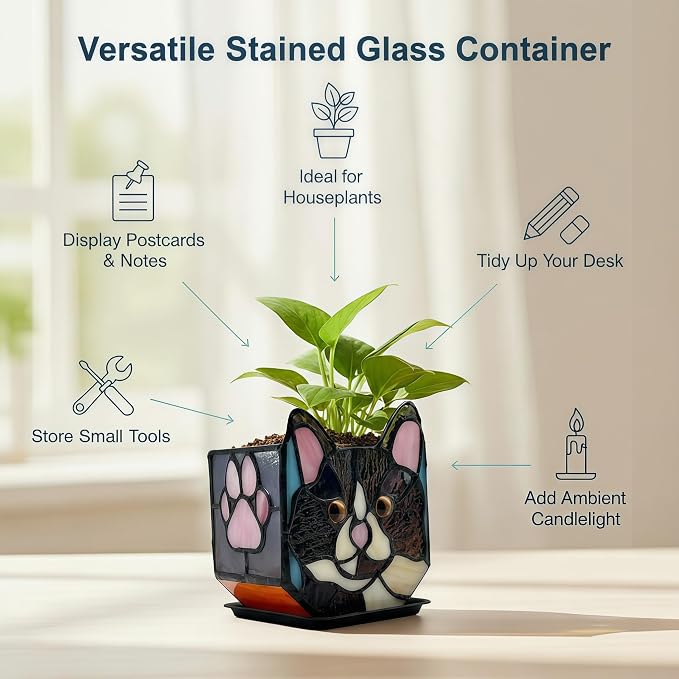 Handmade Stained Glass Black Cat Planter, Decorative Succulent Pot - Image 5