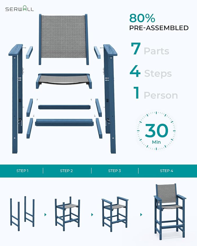 SERWALL 3 Pieces Textilene Adirondack Bar Set, Tall Adirondack Bar Height Chairs - Image 7