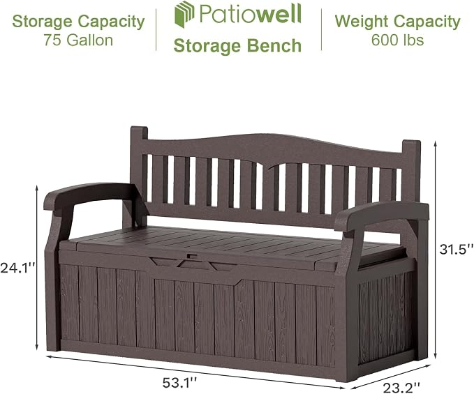 Patiowell 75 Gallon Plastic Storage Bench, Water-Resistant Deck Box - Image 3