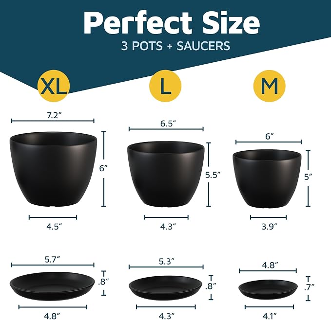 Black Plant Pots with Drainage Holes & Saucers 3 Pack, Indoor & Outdoor - Image 2