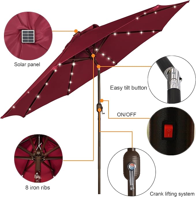Blissun 9 ft Solar Umbrella, 32 LED Lighted Patio Umbrella, Table Market - Image 2