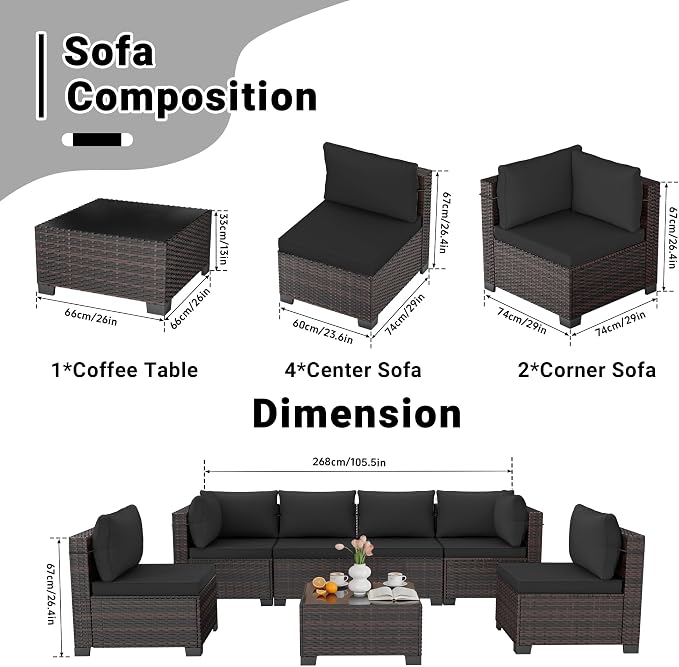 LEVELEVE 7 Pieces Outdoor Patio Furniture Sets, Rattan Conversation Sectional - Image 2