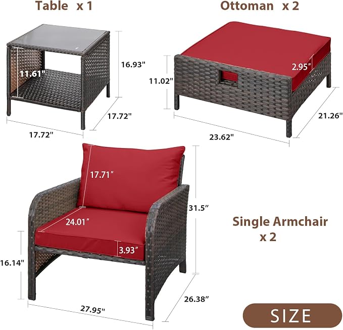 LEVELEVE Balcony Furniture 5 Piece Patio Conversation Set, PE Wicker Rattan - Image 2
