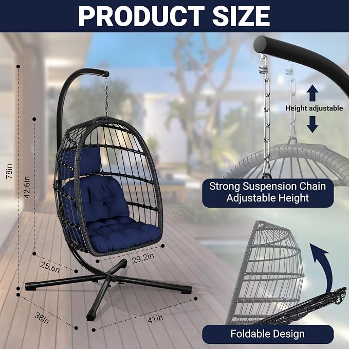CHABATREE Egg Chair with Stand, Patio Rattan Wicker Hanging Swing Egg Chair - Image 4