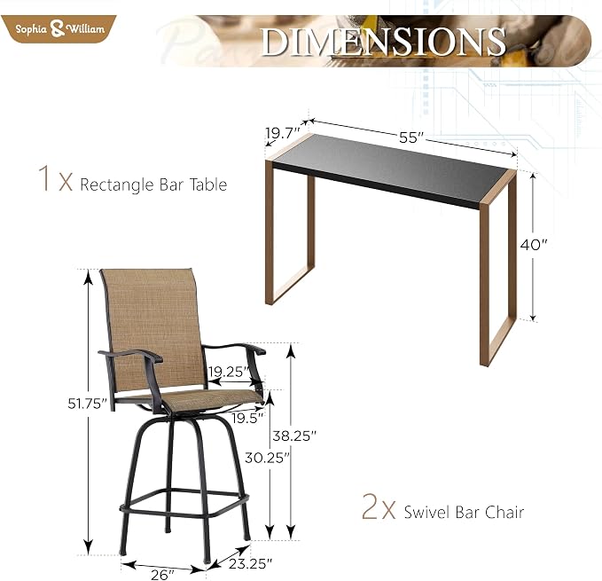 Sophia & William Outdoor Bar Set, Patio Bar Table and Chairs Set, Bar Height - Image 6