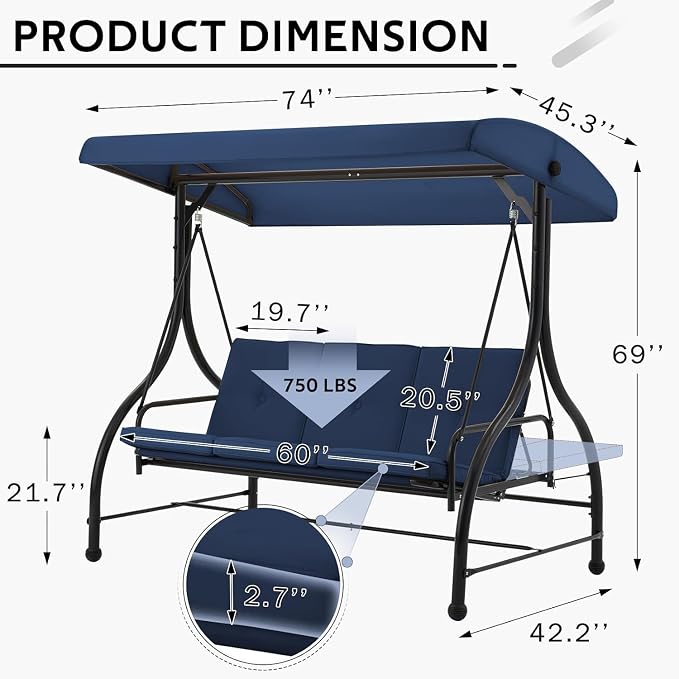 U-MAX Porch Swing with Cover, Patio Swing with Adjustable Backrest&Canopy 3 - Image 3