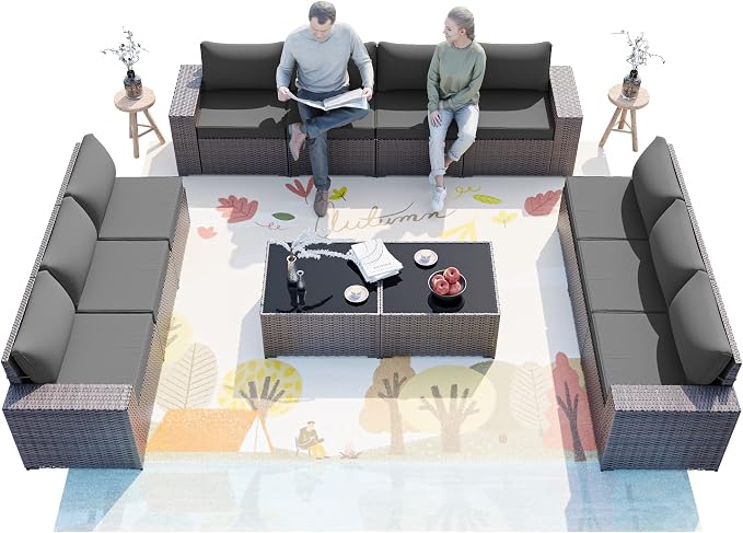 ALAULM 12 Pieces Outdoor Patio Furniture Set Sectional Sofa Sets Brown PE - Image 6