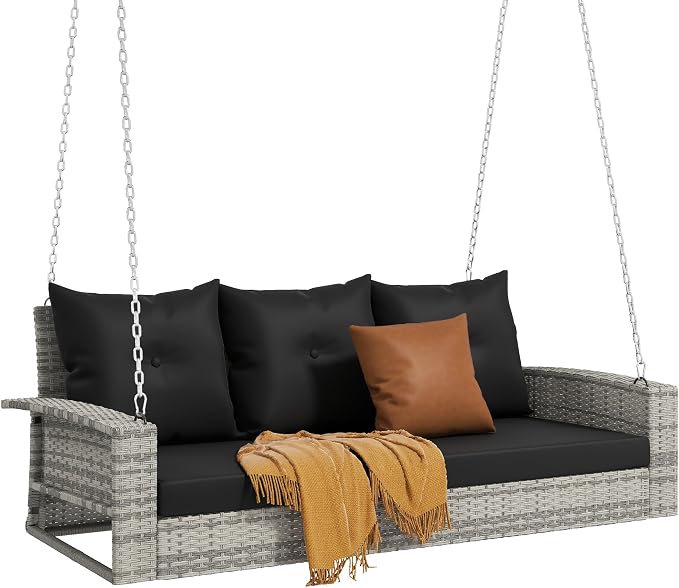DWVO 3-Seats Wicker Hanging Porch Swing Chair Outdoor Gray Rattan Patio Swing - Image 8