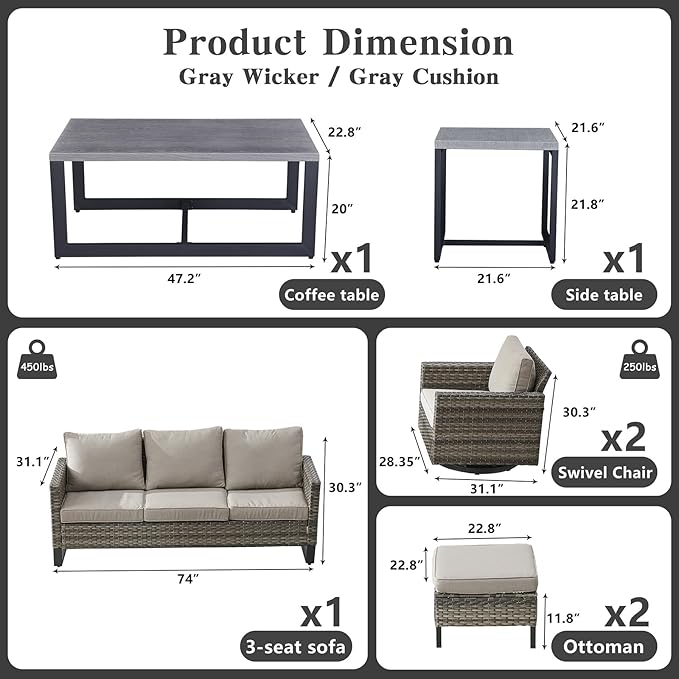 Belord 7 Piece Outdoor Furniture Patio Wicker Sofa Set, Oversize Outdoor Swivel - Image 3
