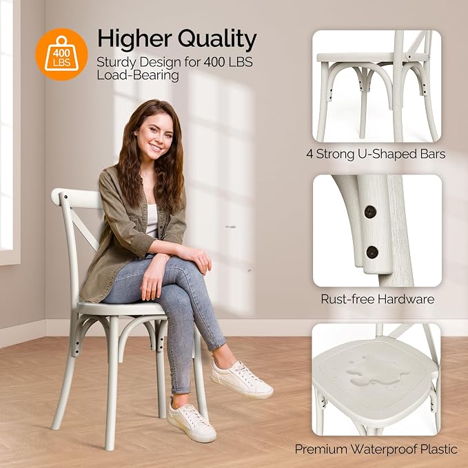 VINGLI Plastic Outdoor Dining Chairs Set of 6, Stackable Patio Cream White - Image 5