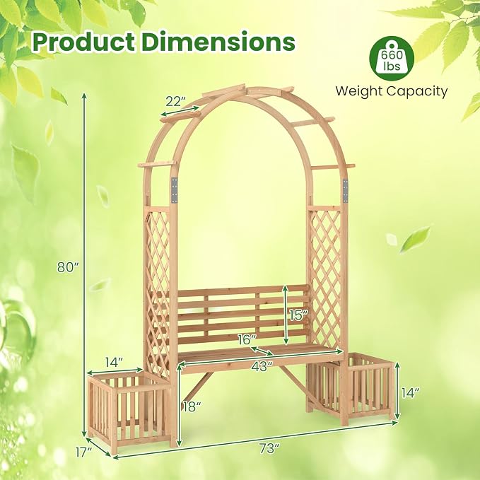 Giantex Outdoor Bench with Garden Arch & Planters, Wooden Pergola Archway - Image 3