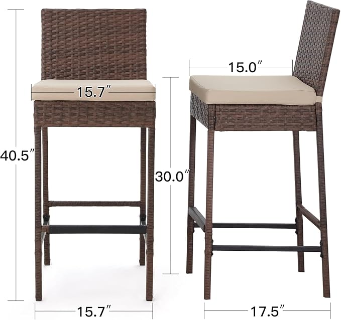 ECOTOUGE Patio Bar Stools Set of 2, Wicker Barstools - Image 3