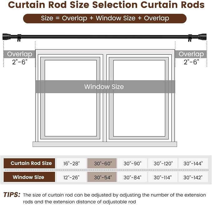 1” Diameter Matte Black Curtain Rod Itself is 30-60 inch 2 Pack, Fit 30 to 56 - Image 3