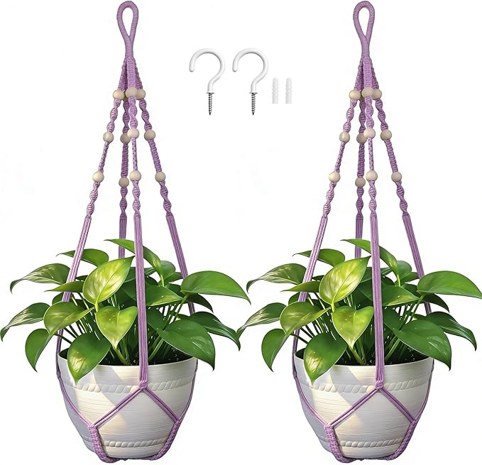 Macrame Plant Hanger, Wood Beads Cotton Hanging Planter Holder by Unknown