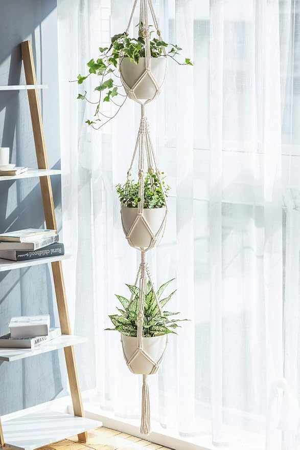 Mkono Macrame Plant Hanger 3 Tier Indoor Outdoor Hanging Planter Basket Cotton - Image 3