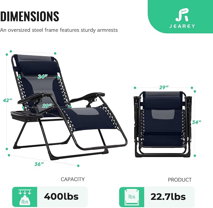 JEAREY Oversized Padded Zero Gravity Chairs Set of 2, Folding Lounge Chair - Image 3