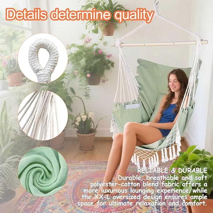 Hammock Chair Hanging Rope Swing Chair, Max 450 Lbs, Large Hanging Chair - Image 5