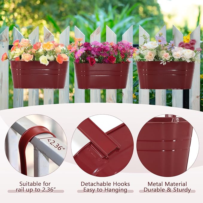 3 Pack Metal Railing Planters, 10.5" Oval Hanging Flower Pots - Image 4