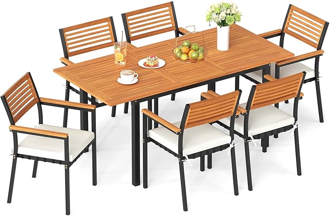Tangkula 7 Piece Patio Dining Set, Outdoor Acacia Wood Cushioned Chairs and by TANGKULA
