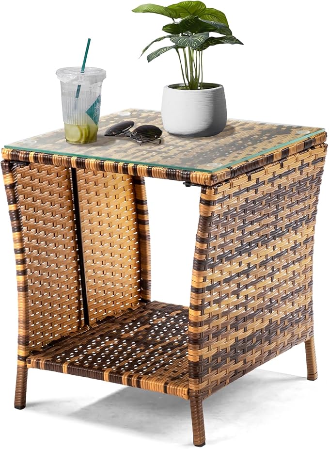 Wicker Rattan Side Table, Outdoor Square Rattan Coffee End Table by Unknown