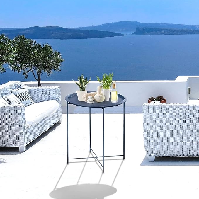 Garden 4 you End Table 2 PCS Metal Side Table Dark Blue Round Folding Tray Cyan - Image 8