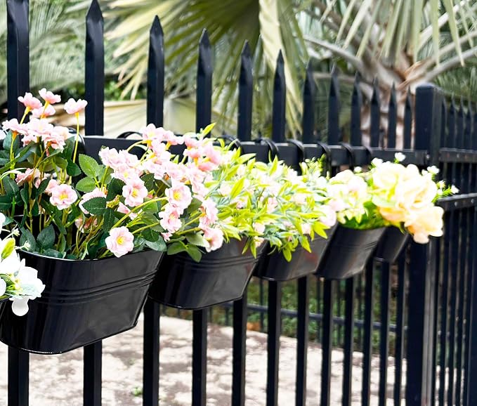 8 Pack Metal Hanging Planter for Outdoor Plants, 10 Inch Black Fence Planters - Image 2