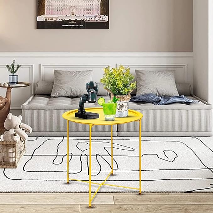 Garden 4 you End Table 2 PCS Metal Side Table Yellow Round Folding Tray Cyan - Image 2