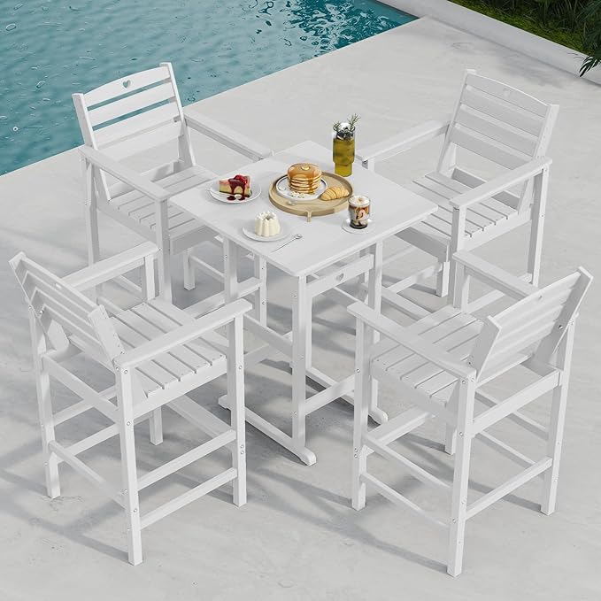 5-Piece Bar Height Patio Table and Chairs Set, HDPE Wood Grain Outdoor Bar by Orbcove