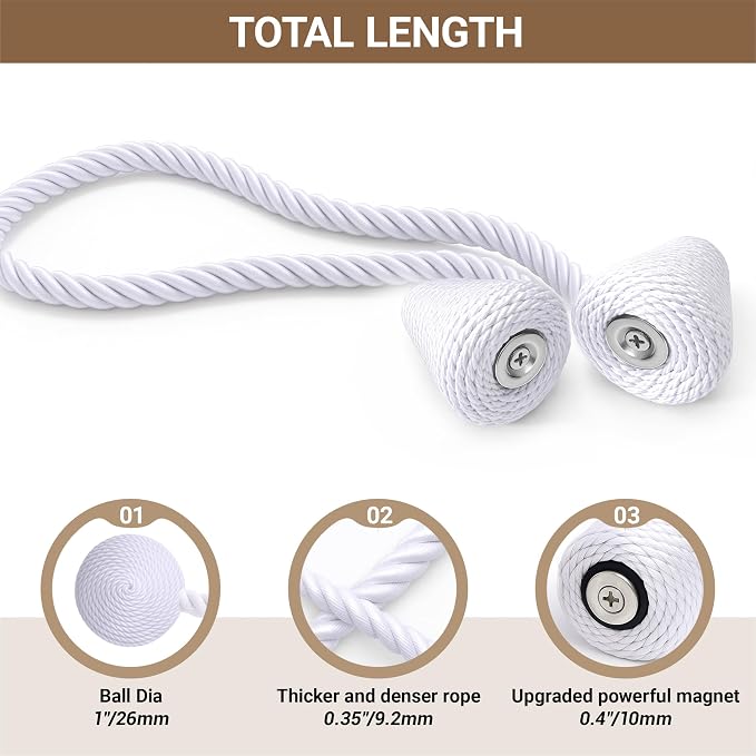 Hion Magnetic Curtain Tiebacks White 2pcs, Curtain Tiebacks Buckles Holdbacks - Image 3