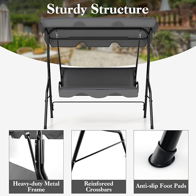 Porch Swing Outdoor, 3 Person Patio Swing w/Removable Cushion, Stand & - Image 5