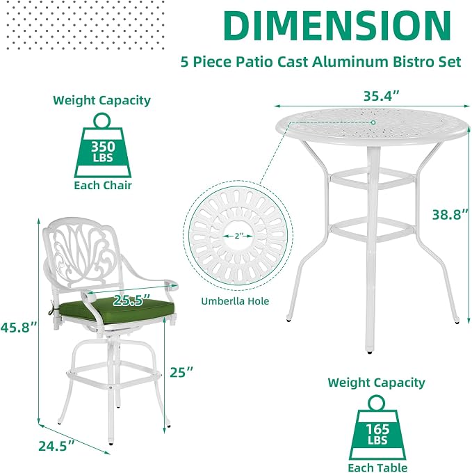 VIVIJASON 5-Piece Patio Swivel Bar Stools Set, All Weather Cast Aluminum - Image 6
