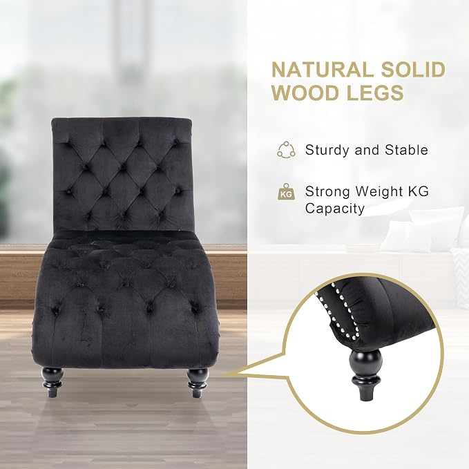 Chaise Lounge Indoor, Velvet Upholstered Lounge Chair Button-Tufted Armless - Image 5