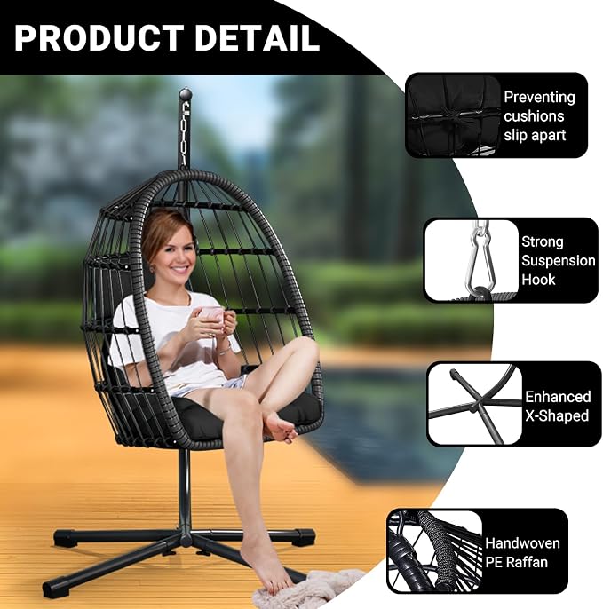 CHABATREE Egg Chair with Stand, Patio Rattan Wicker Hanging Swing Egg Chair - Image 5