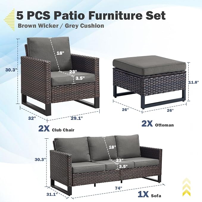 Belord Wicker Patio Furniture 5 Piece Outdoor Sofa Set, Oversize Outdoor Dining - Image 2