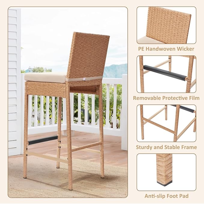 ECOTOUGE Outdoor Bar Stools, Wicker Woven Patio Stools & Patio Bar Chairs - Image 5
