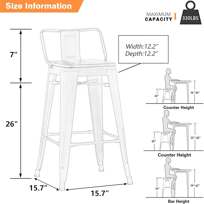 Yongchuang 26" Metal Bar Stools Set of 4 Counter Height Barstools - Image 3